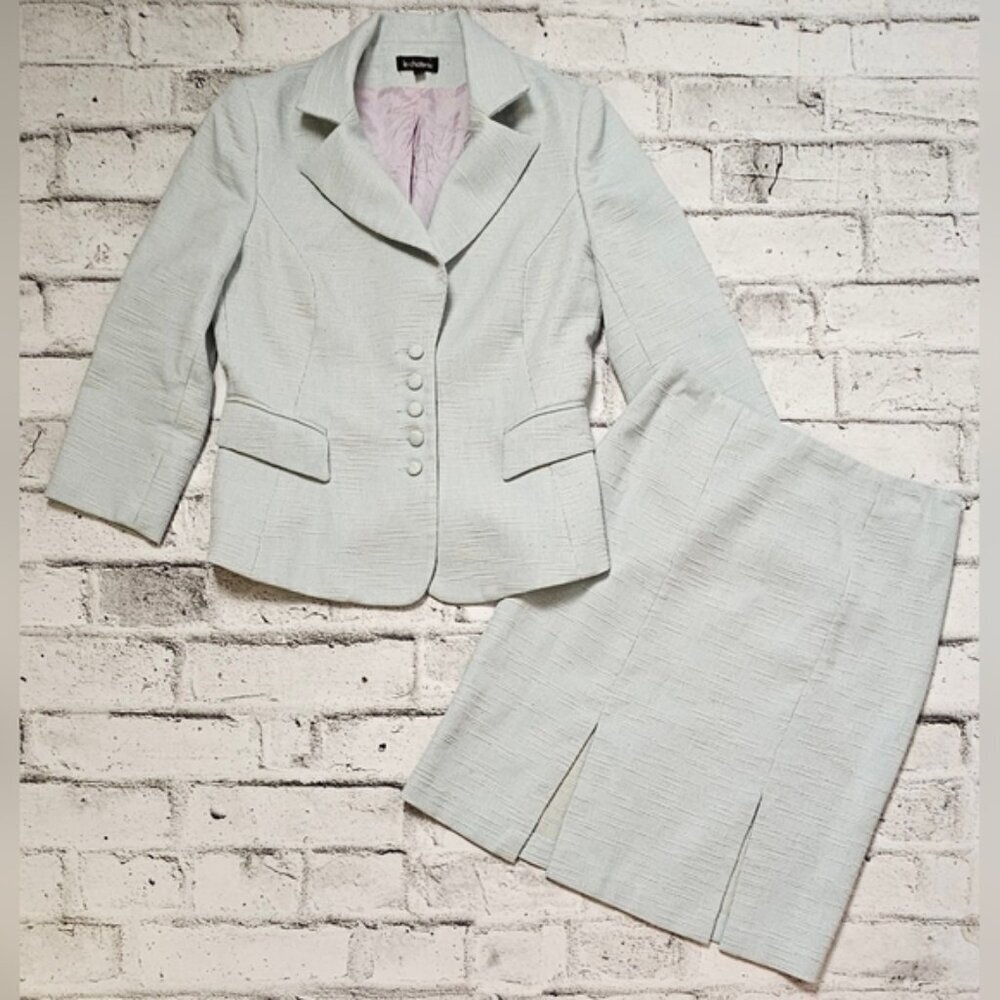 Le Château Vintage Tweed Blazer & Skirt Set Light Blue Suit SZ S & 5/6